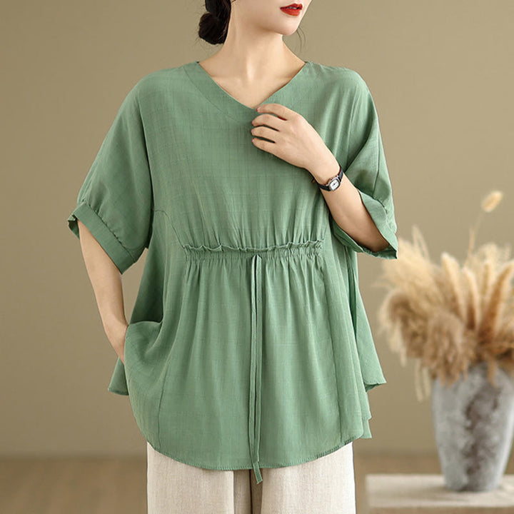 Buddha Stones Casual Solid Color Half Sleeve Half Button Women's T-Shirt - image 17
