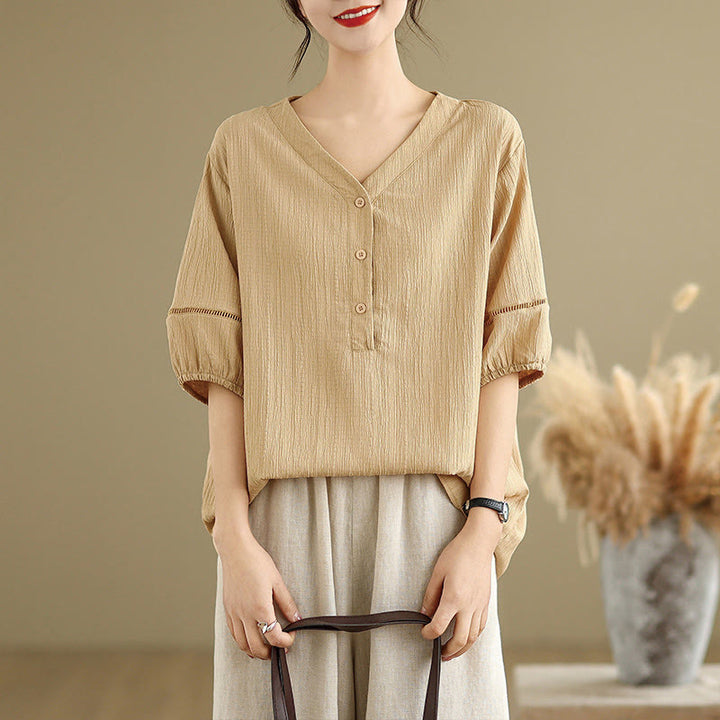 Buddha Stones Summer Casual Pure Half Puff Sleeve Half Button V-neck Women's T-Shirt