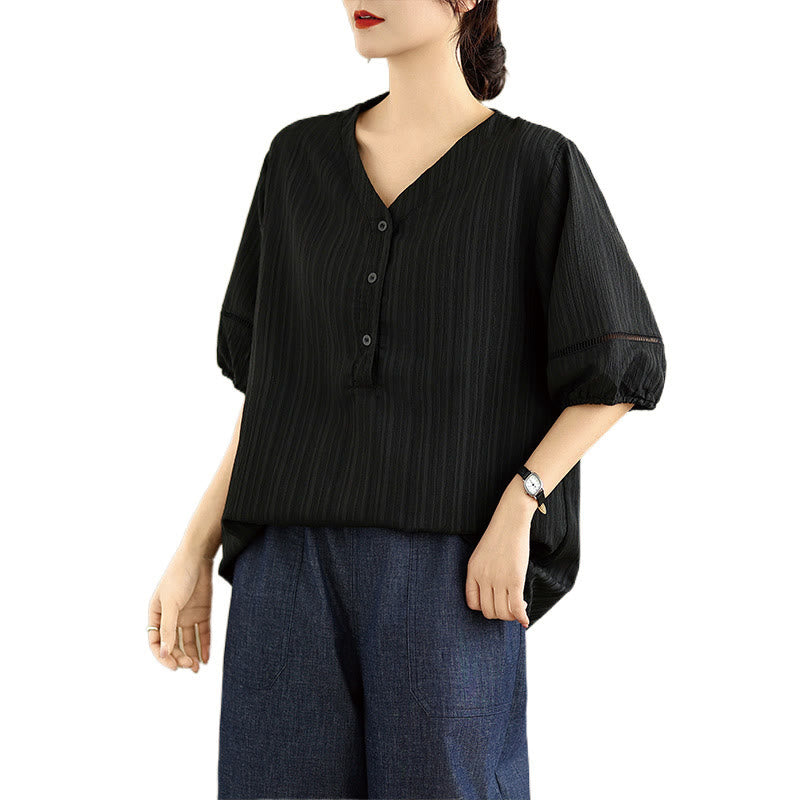 Buddha Stones Summer Casual Pure Half Puff Sleeve Half Button V-neck Women's T-Shirt