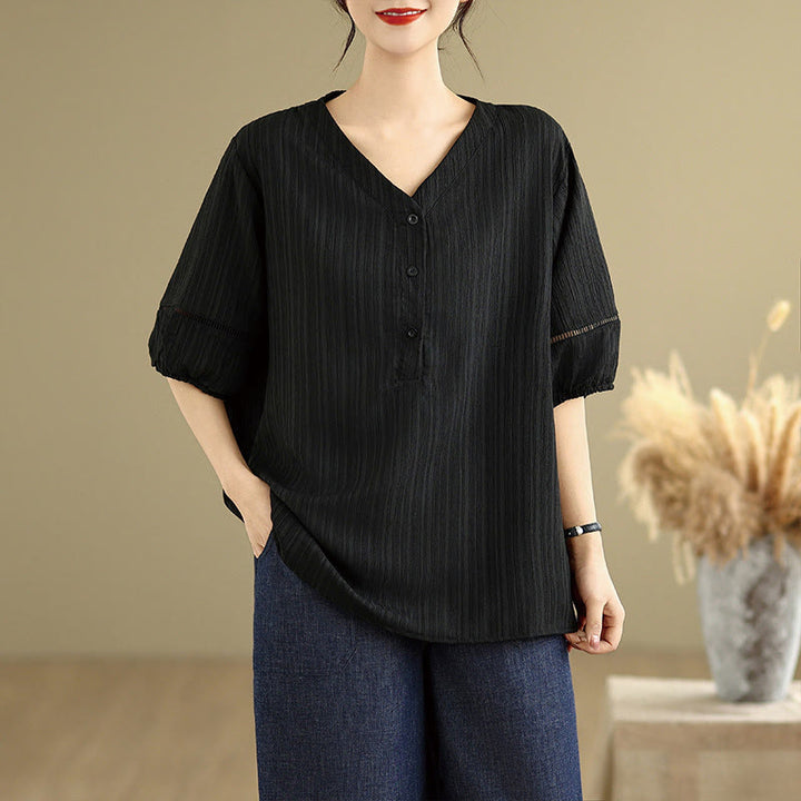 Buddha Stones Summer Casual Pure Half Puff Sleeve Half Button V-neck Women's T-Shirt