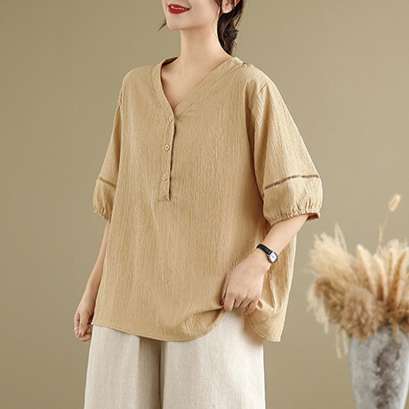 Buddha Stones Summer Casual Pure Half Puff Sleeve Half Button V-neck Women's T-Shirt