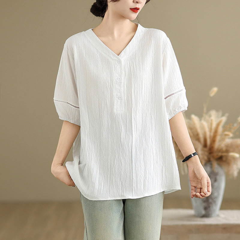 Buddha Stones Summer Casual Pure Half Puff Sleeve Half Button V-neck Women's T-Shirt