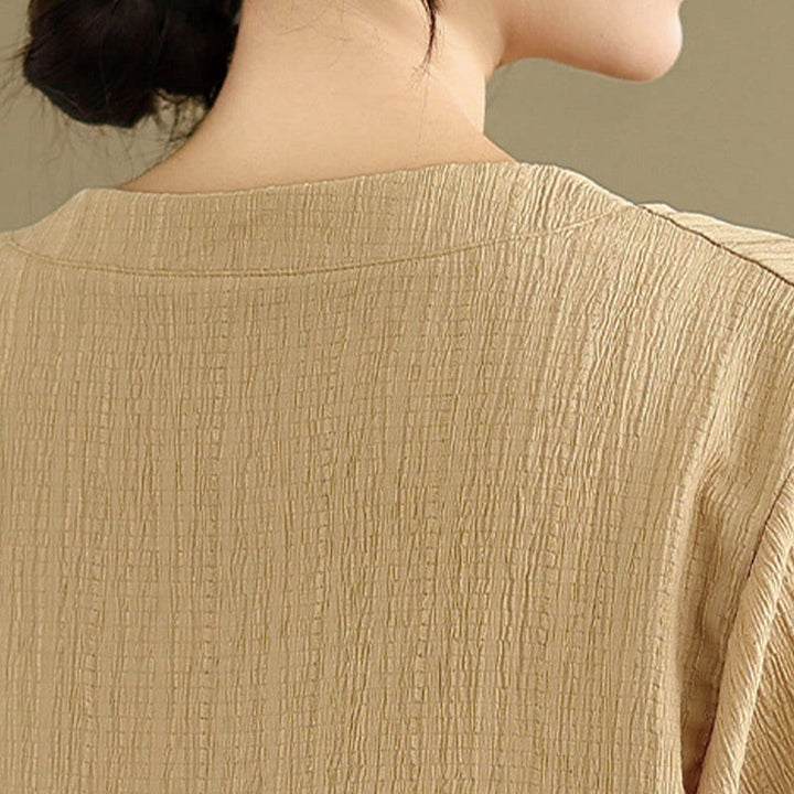 Buddha Stones Summer Casual Pure Half Puff Sleeve Half Button V-neck Women's T-Shirt