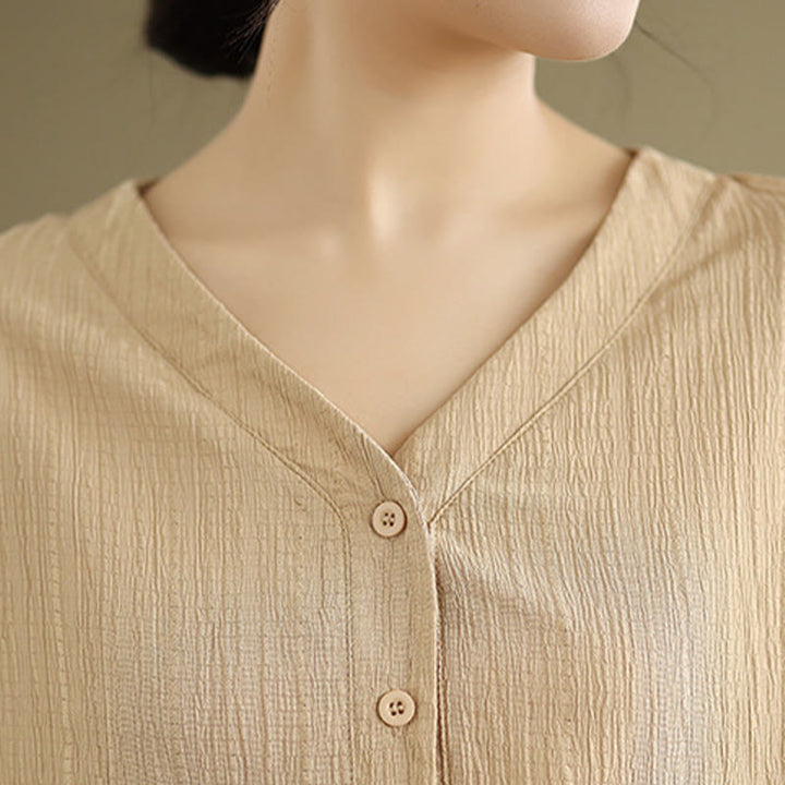 Buddha Stones Summer Casual Pure Half Puff Sleeve Half Button V-neck Women's T-Shirt