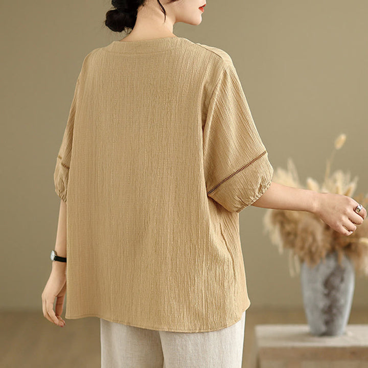 Buddha Stones Summer Casual Pure Half Puff Sleeve Half Button V-neck Women's T-Shirt