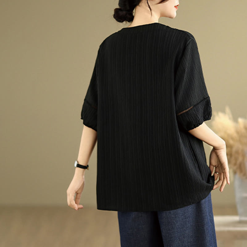 Buddha Stones Summer Casual Pure Half Puff Sleeve Half Button V-neck Women's T-Shirt