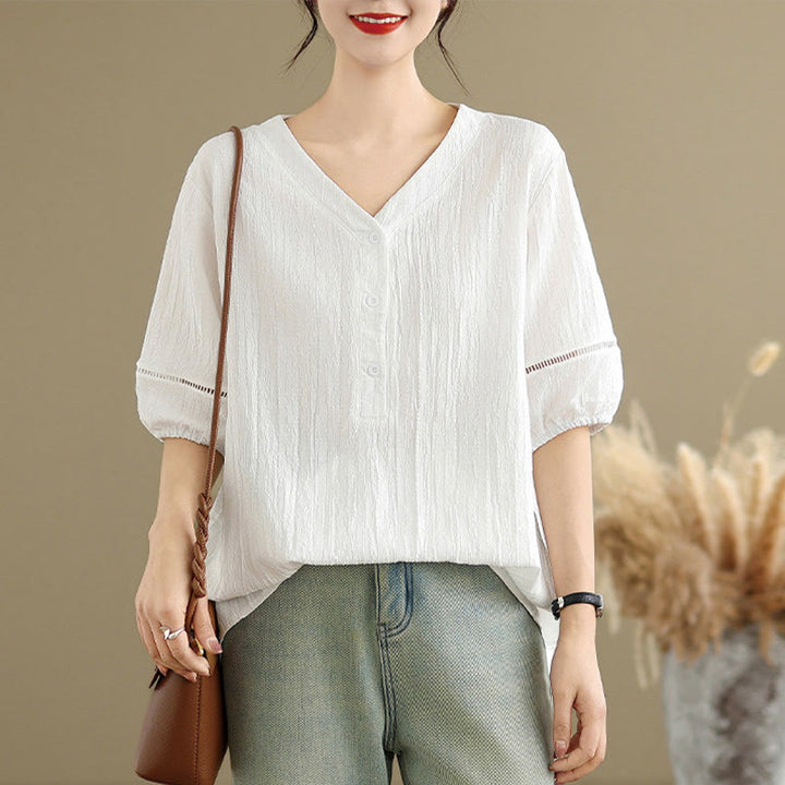 Buddha Stones Summer Casual Pure Half Puff Sleeve Half Button V-neck Women's T-Shirt