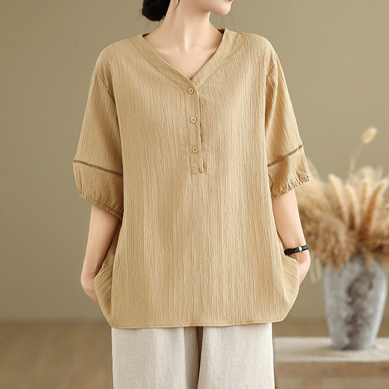 Buddha Stones Summer Casual Pure Half Puff Sleeve Half Button V-neck Women's T-Shirt