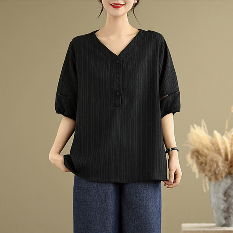 Buddha Stones Summer Casual Pure Half Puff Sleeve Half Button V-neck Women's T-Shirt