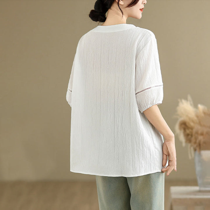 Buddha Stones Summer Casual Pure Half Puff Sleeve Half Button V-neck Women's T-Shirt