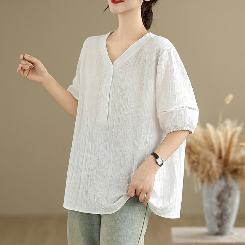 Buddha Stones Summer Casual Pure Half Puff Sleeve Half Button V-neck Women's T-Shirt