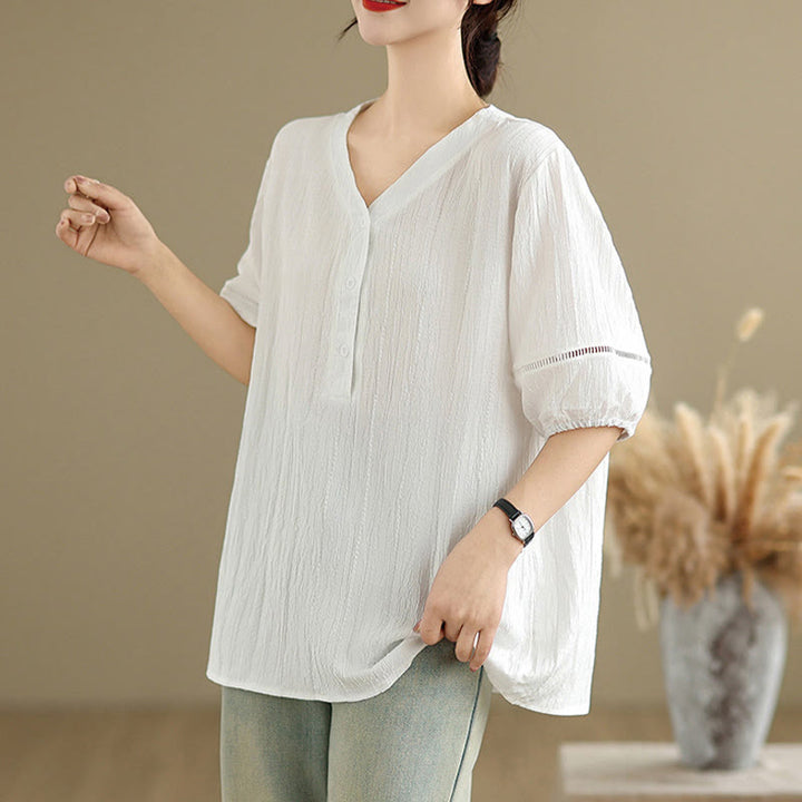 Buddha Stones Summer Casual Pure Half Puff Sleeve Half Button V-neck Women's T-Shirt