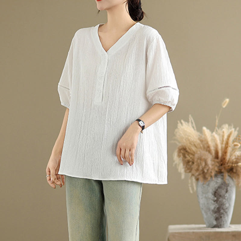 Buddha Stones Summer Casual Pure Half Puff Sleeve Half Button V-neck Women's T-Shirt