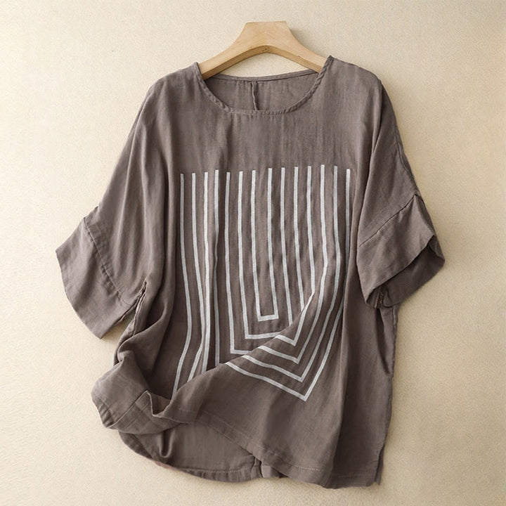 Buddha Stones Casual Line Printing Pattern Short Sleeve Cotton Linen Women's T-Shirt - RosyBrown - US12，UK/AU16，EU44 (2XL) - image 18