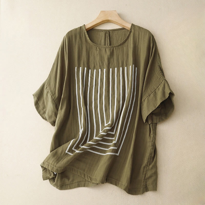 Buddha Stones Casual Line Printing Pattern Short Sleeve Cotton Linen Women's T-Shirt - Olive - US12，UK/AU16，EU44 (2XL) - image 0