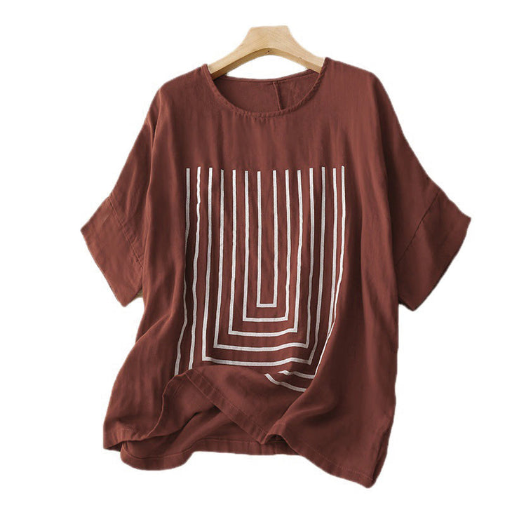 Buddha Stones Casual Line Printing Pattern Short Sleeve Cotton Linen Women's T-Shirt - image 11