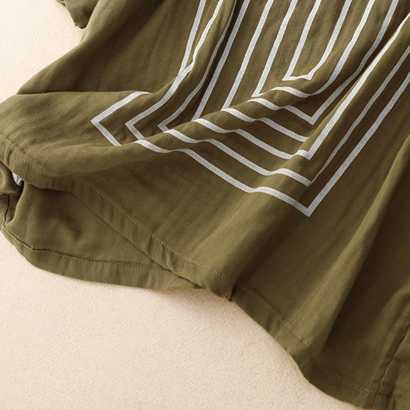 Buddha Stones Casual Line Printing Pattern Short Sleeve Cotton Linen Women's T-Shirt - image 2