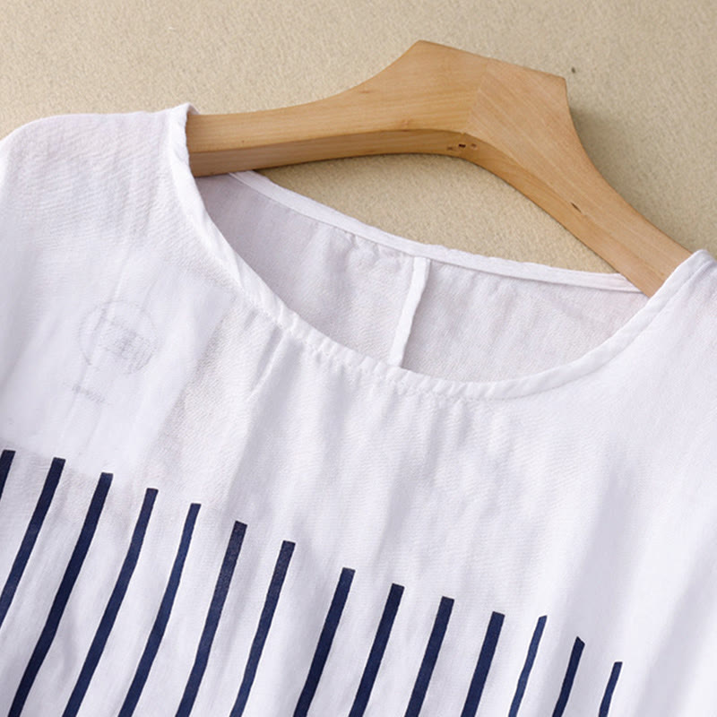 Buddha Stones Casual Line Printing Pattern Short Sleeve Cotton Linen Women's T-Shirt - image 13