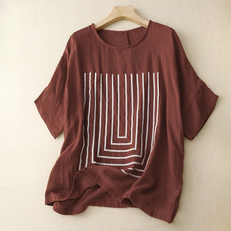 Buddha Stones Casual Line Printing Pattern Short Sleeve Cotton Linen Women's T-Shirt - Maroon - US12，UK/AU16，EU44 (2XL) - image 7