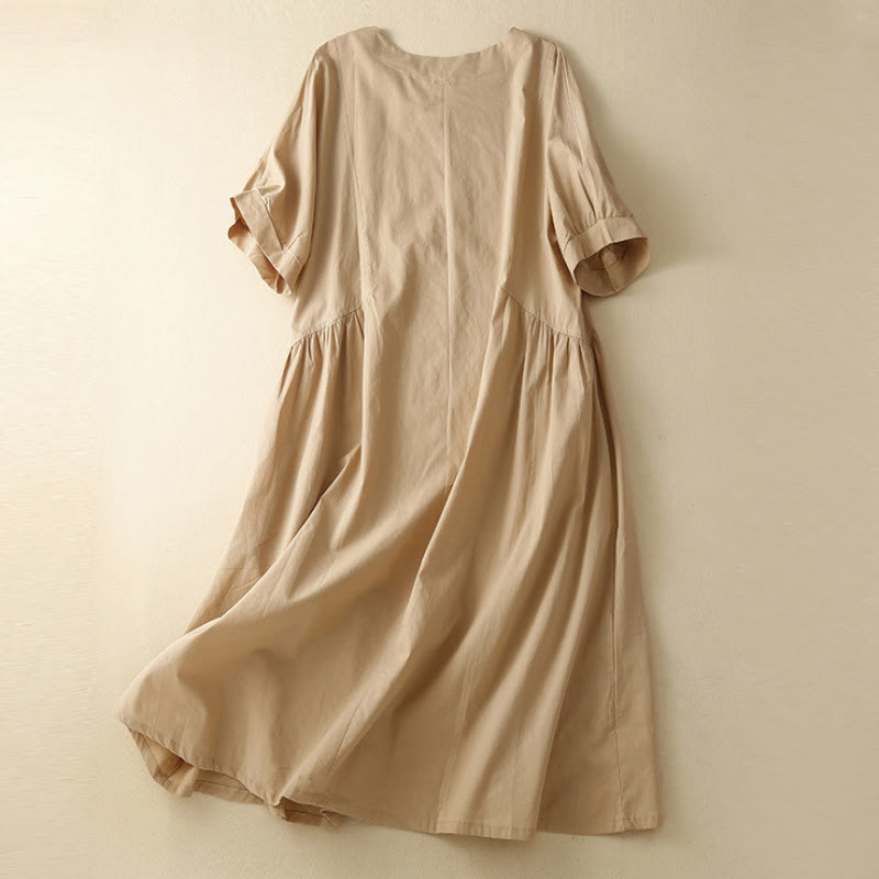 Buddha Stones Casual Pure Color Design Short Sleeve V-Neck Cotton Midi Dress With Pockets - image 10