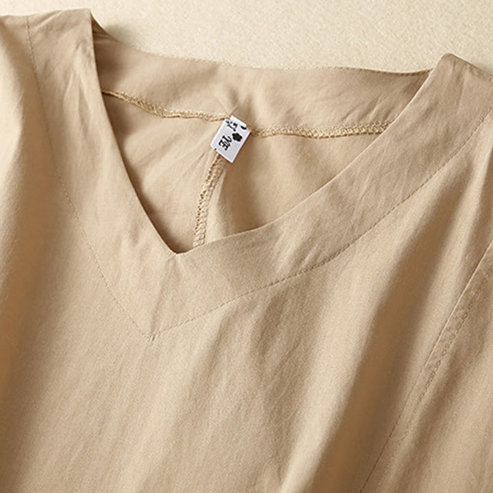 Buddha Stones Casual Pure Color Design Short Sleeve V-Neck Cotton Midi Dress With Pockets - image 12