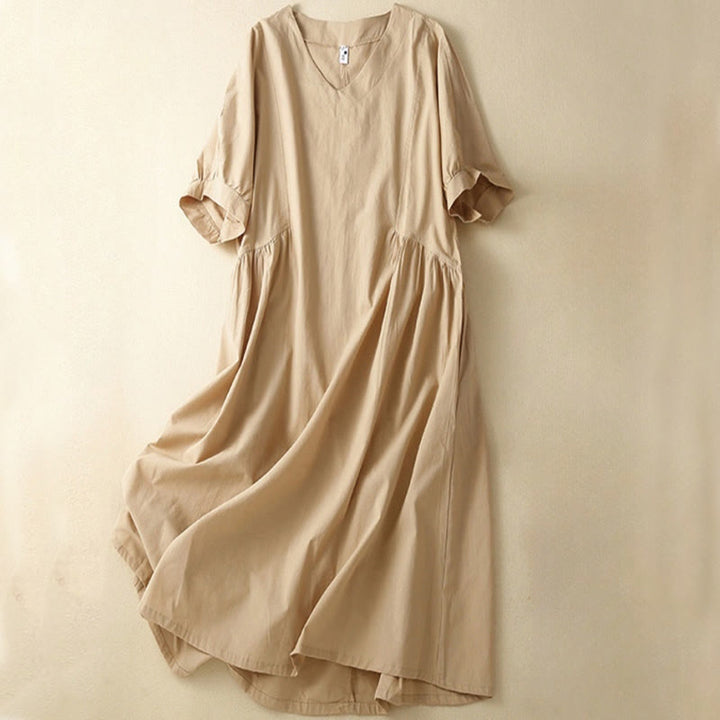 Buddha Stones Casual Pure Color Design Short Sleeve V-Neck Cotton Midi Dress With Pockets - PaleGoldenrod - US8-10，UK/AU12-14，EU40-42 (2XL) - image 9