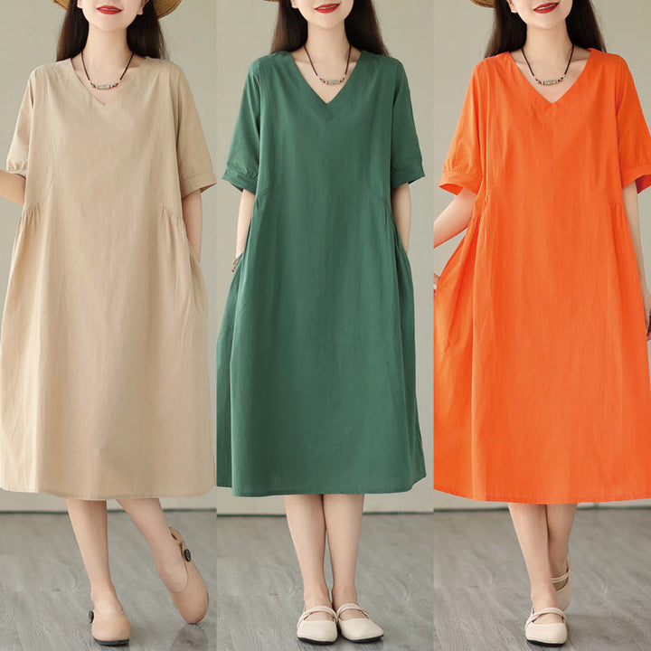Buddha Stones Casual Pure Color Design Short Sleeve V-Neck Cotton Midi Dress With Pockets - image 20