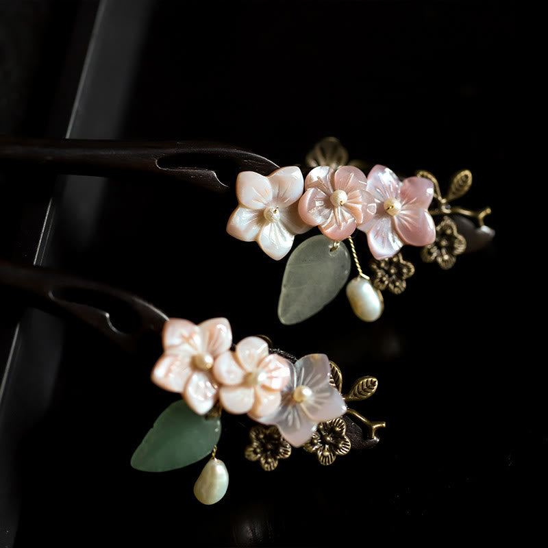 Buddha Stones Ebony Shell Flower Leaves Blessing Hairpin