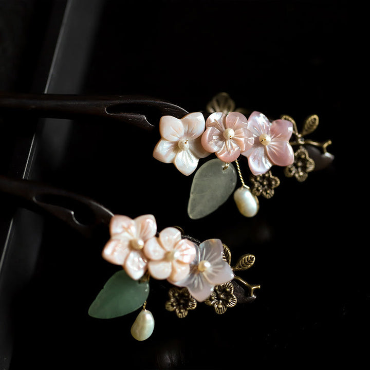 Buddha Stones Ebony Shell Flower Leaves Blessing Hairpin