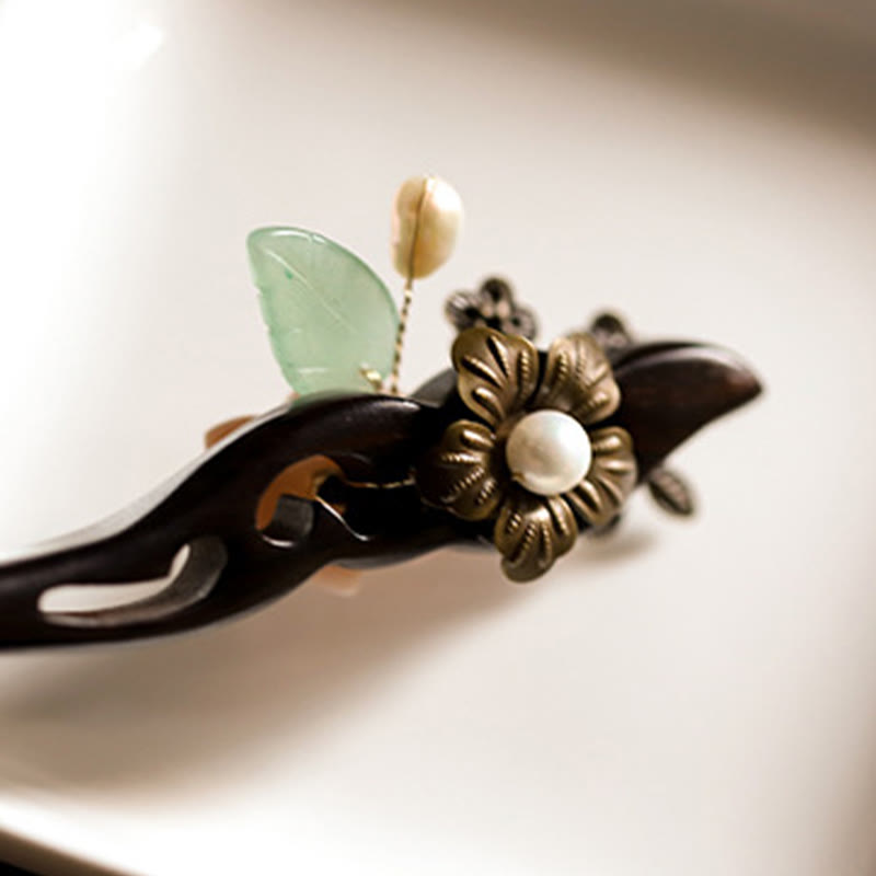 Buddha Stones Ebony Shell Flower Leaves Blessing Hairpin