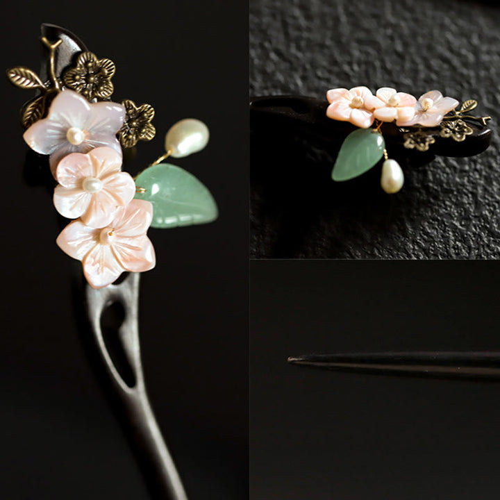 Buddha Stones Ebony Shell Flower Leaves Blessing Hairpin
