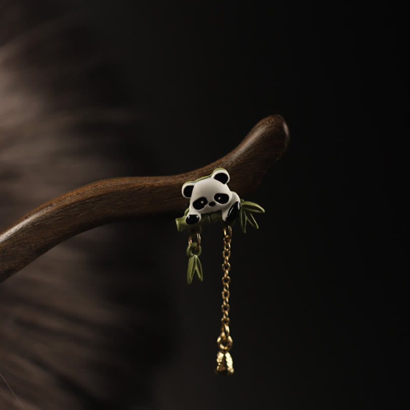 Buddha Stones Ebony Panda Bamboo Tassel Courage Hairpin
