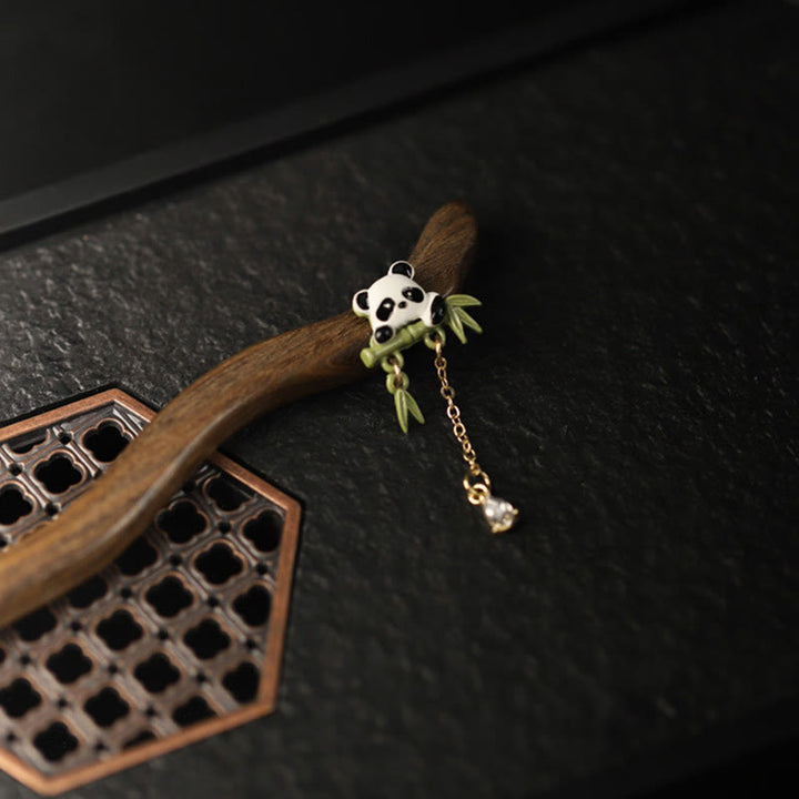 Buddha Stones Ebony Panda Bamboo Tassel Courage Hairpin