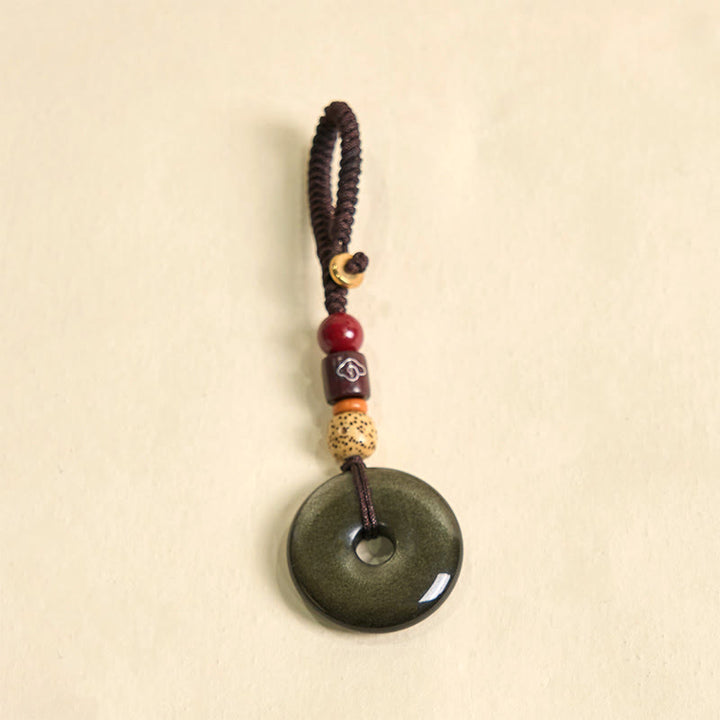 Buddha Stones Natural Gold Sheen Obsidian Peace Buckle Strengthen Key Chain