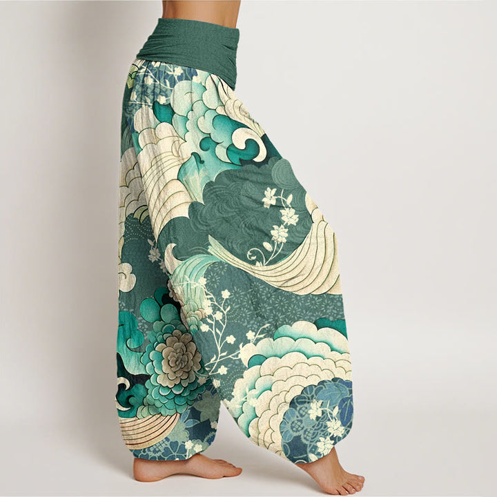 Buddha Stones Cotton Flower Wave Pattern Women's Elastic Waist Harem Pants - image 2