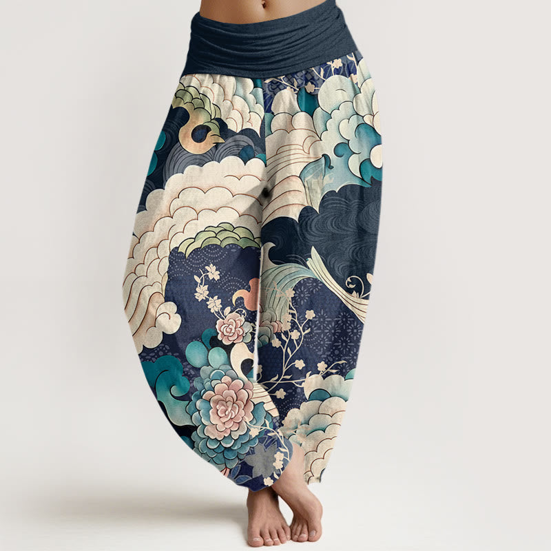 Buddha Stones Cotton Flower Wave Pattern Women's Elastic Waist Harem Pants - MidnightBlue - US22，UK/AU26，EU54 (6XL) - image 7