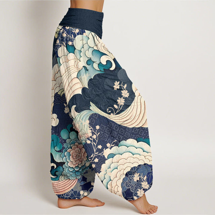 Buddha Stones Cotton Flower Wave Pattern Women's Elastic Waist Harem Pants - image 9