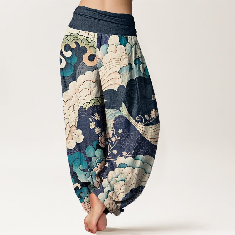Buddha Stones Cotton Flower Wave Pattern Women's Elastic Waist Harem Pants - image 8