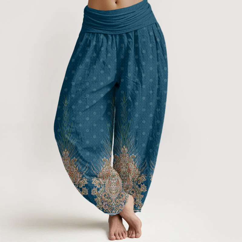 Buddha Stones Cotton Ethnic Peacock Floral Pattern Women's Elastic Waist Harem Pants - Teal - US22，UK/AU26，EU54 (6XL) - image 0