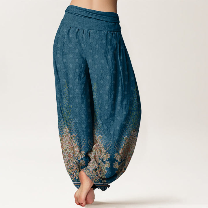 Buddha Stones Cotton Ethnic Peacock Floral Pattern Women's Elastic Waist Harem Pants - image 1