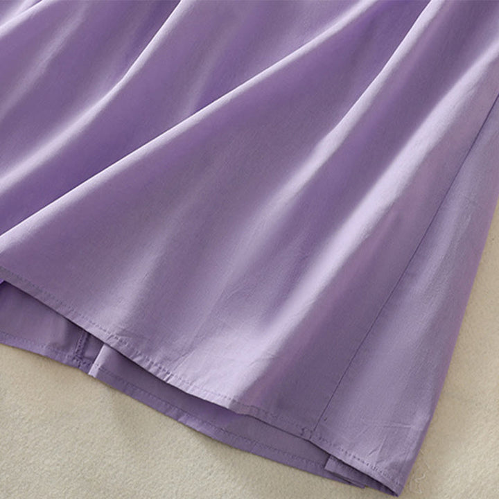 Buddha Stones Summer Orchid Embroidery Lace-Up V-Neck Half Sleeve Cotton Linen Midi Dress With Pockets - image 11