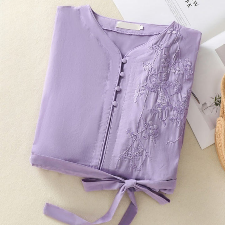 Buddha Stones Summer Orchid Embroidery Lace-Up V-Neck Half Sleeve Cotton Linen Midi Dress With Pockets - image 2