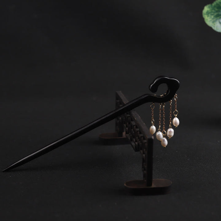Buddha Stones Ebony Auspicious Cloud Pearl Tassel Protection Hairpin