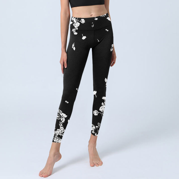 Buddha Stones Black Scattered Petals Print Gym Leggings Women's Yoga Pants - image 6
