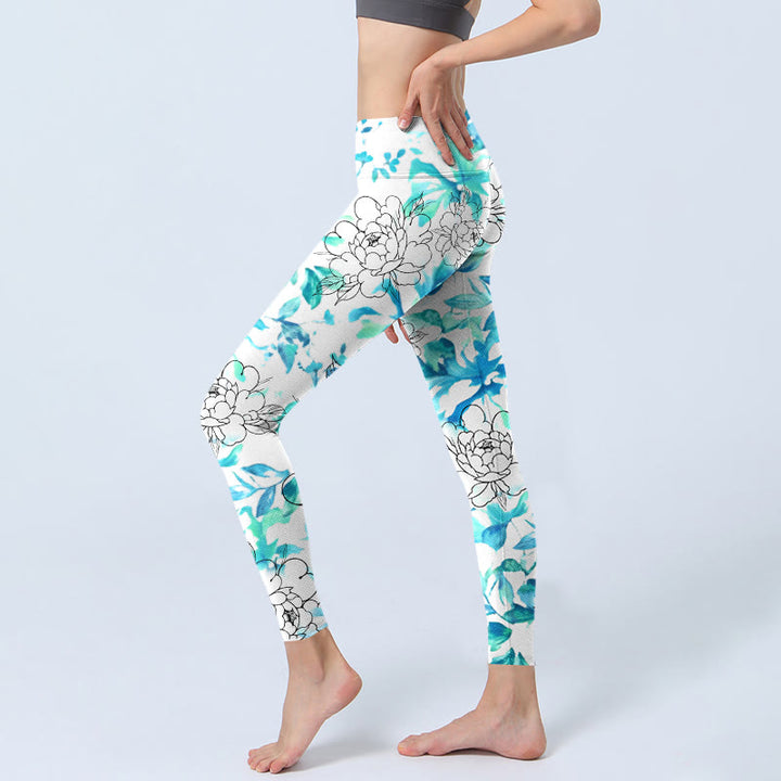 Buddha Stones Blue Watercolor Peony Flowers Lines Pattern Print Gym Leggings Women's Yoga Pants - image 2