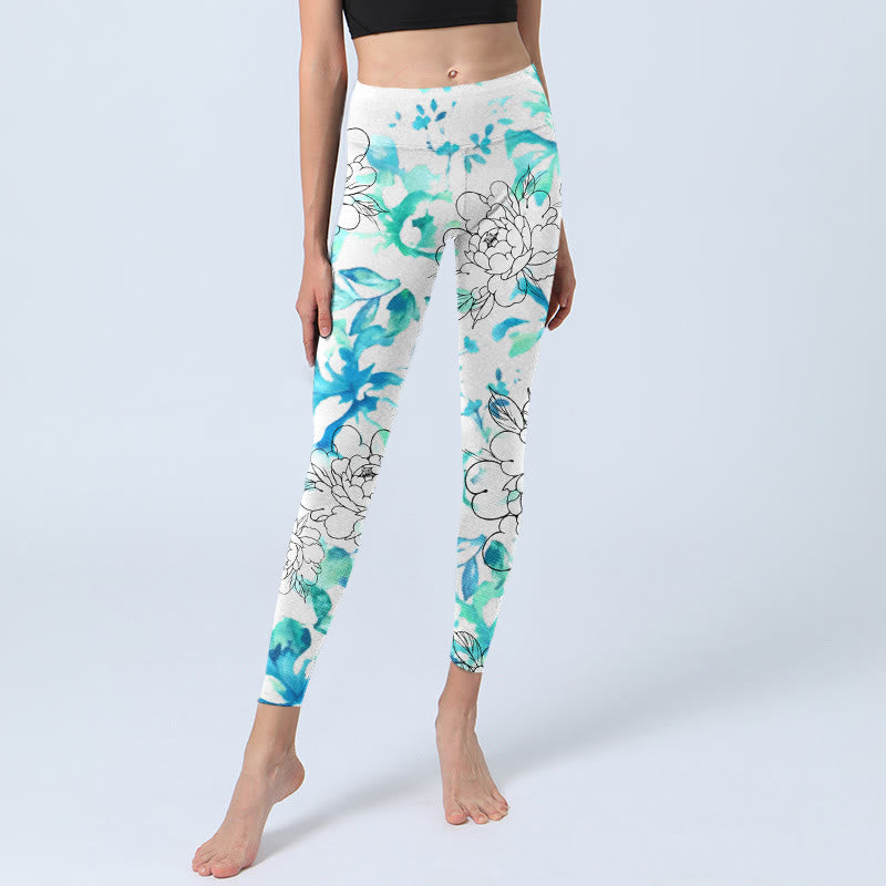 Buddha Stones Blue Watercolor Peony Flowers Lines Pattern Print Gym Leggings Women's Yoga Pants - image 5