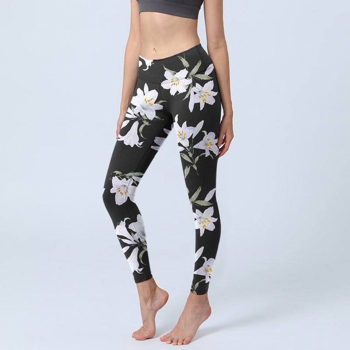 Buddha Stones Black Lily Flower Leaf Pattern Print Gym Leggings Women's Yoga Pants - Black - US18，UK/AU22，EU50 (4XL) - image 1