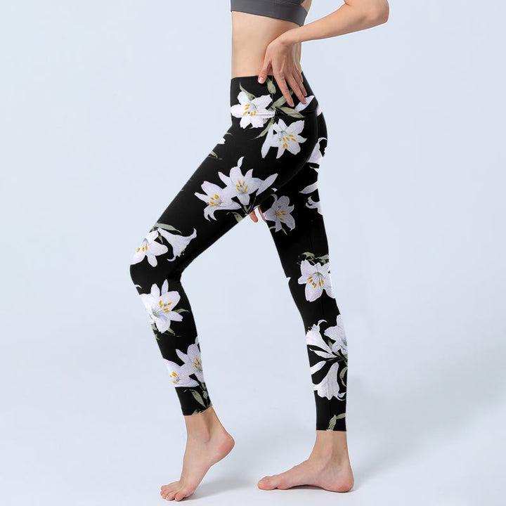 Buddha Stones Black Lily Flower Leaf Pattern Print Gym Leggings Women's Yoga Pants - image 3
