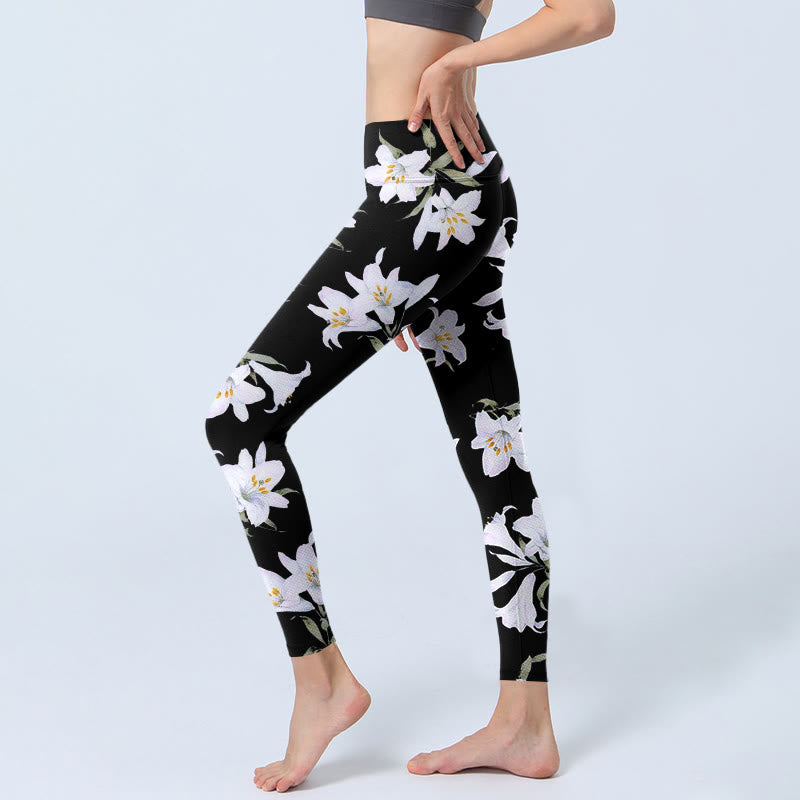 Buddha Stones Black Lily Flower Leaf Pattern Print Gym Leggings Women's Yoga Pants - image 2
