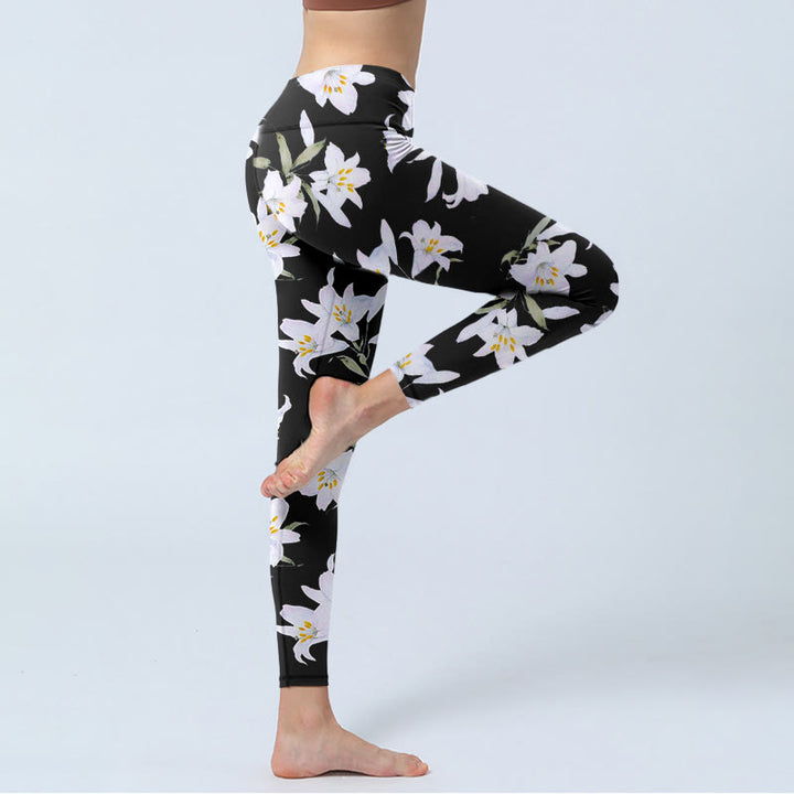 Buddha Stones Black Lily Flower Leaf Pattern Print Gym Leggings Women's Yoga Pants - image 3
